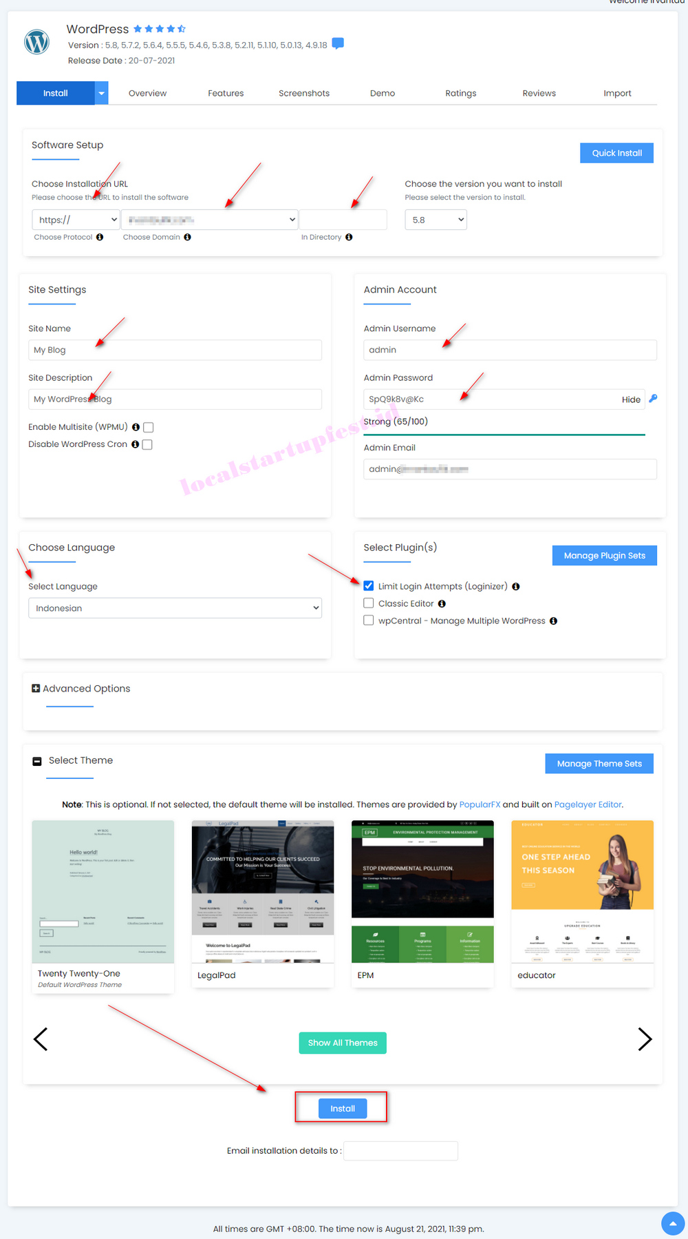 Cara membuat Website sendiri bagi pemula 7 setting instal wordpress di softaculous